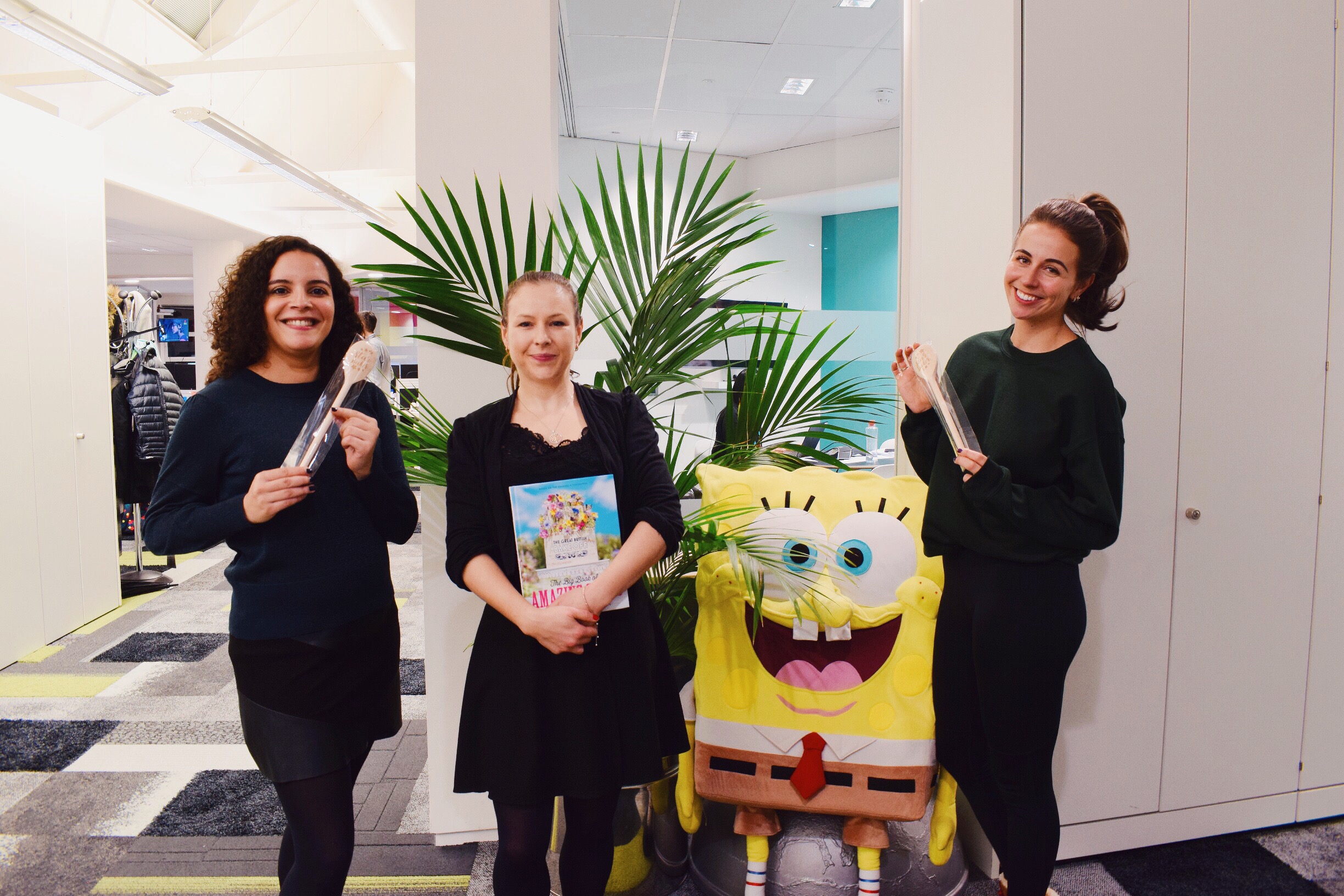 Paramount employees posing with Spongebob Squarepants